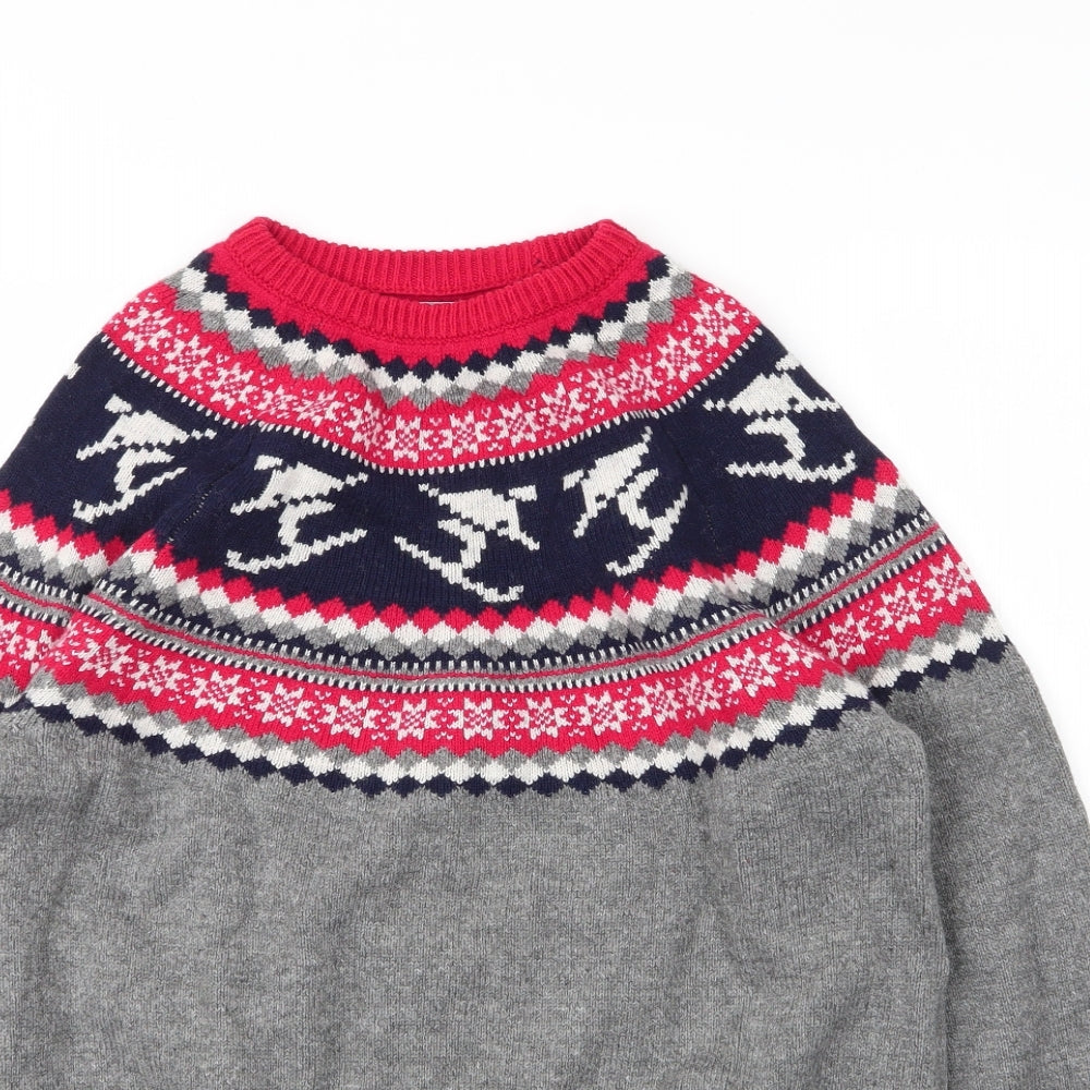 TU Mens Grey Round Neck Fair Isle Acrylic Pullover Jumper Size L