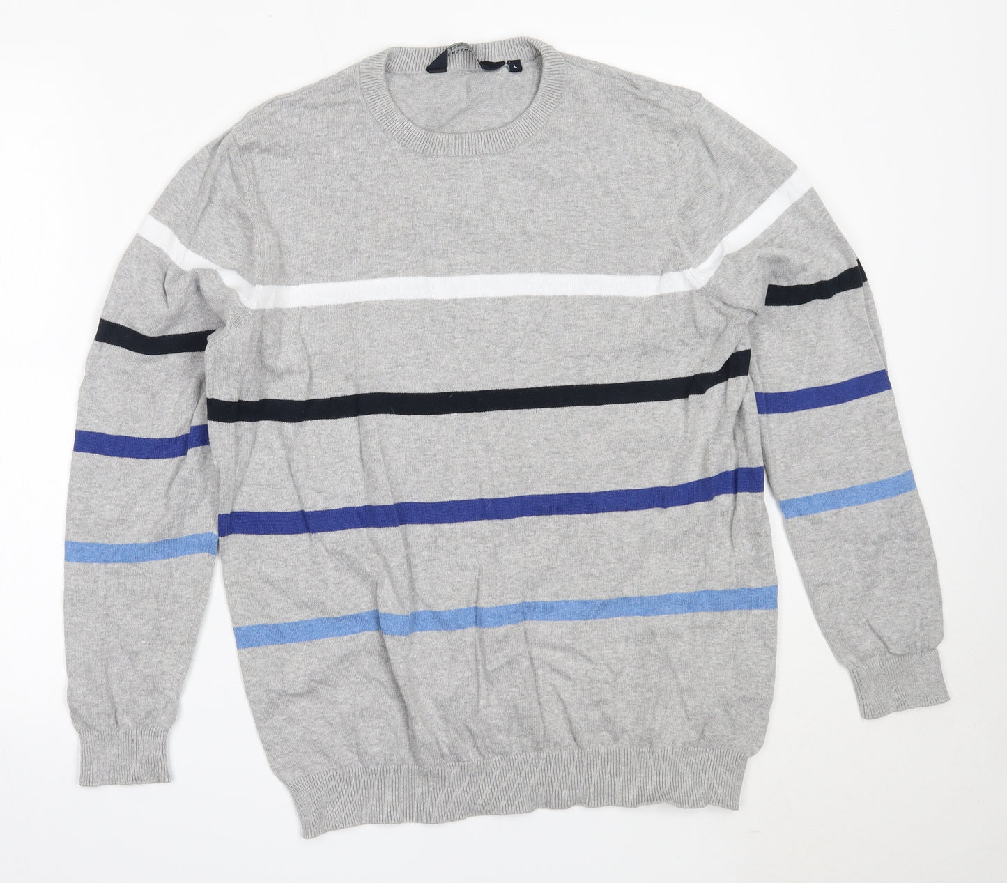Kensington Mens Grey Round Neck Striped Cotton Pullover Jumper Size L