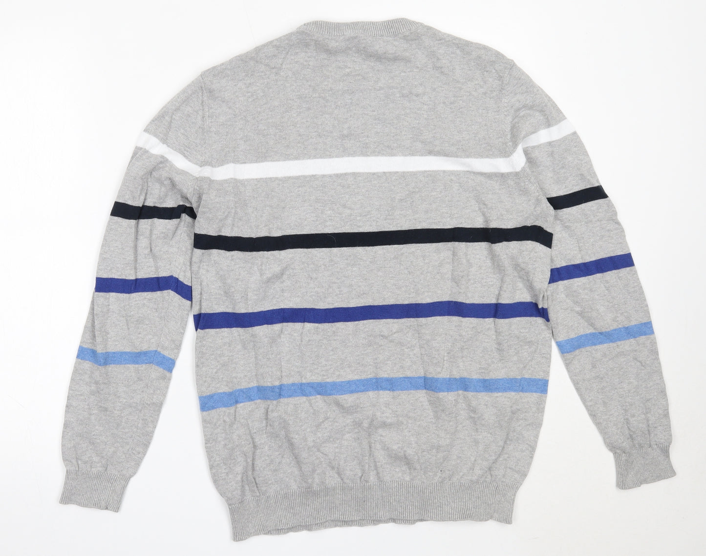 Kensington Mens Grey Round Neck Striped Cotton Pullover Jumper Size L