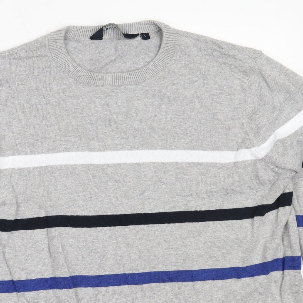 Kensington Mens Grey Round Neck Striped Cotton Pullover Jumper Size L