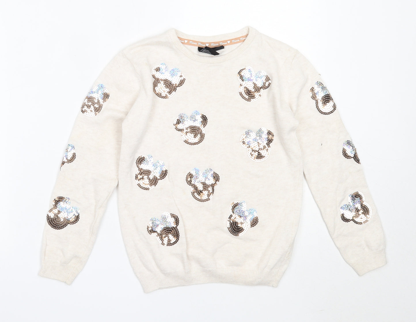 Primark Girls Ivory Round Neck  Cotton Pullover Jumper Size 7-8 Years   - minnie mouse