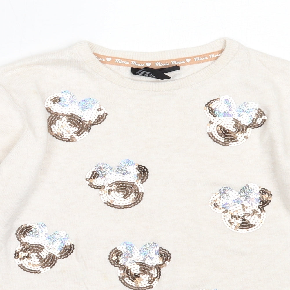 Primark Girls Ivory Round Neck  Cotton Pullover Jumper Size 7-8 Years   - minnie mouse
