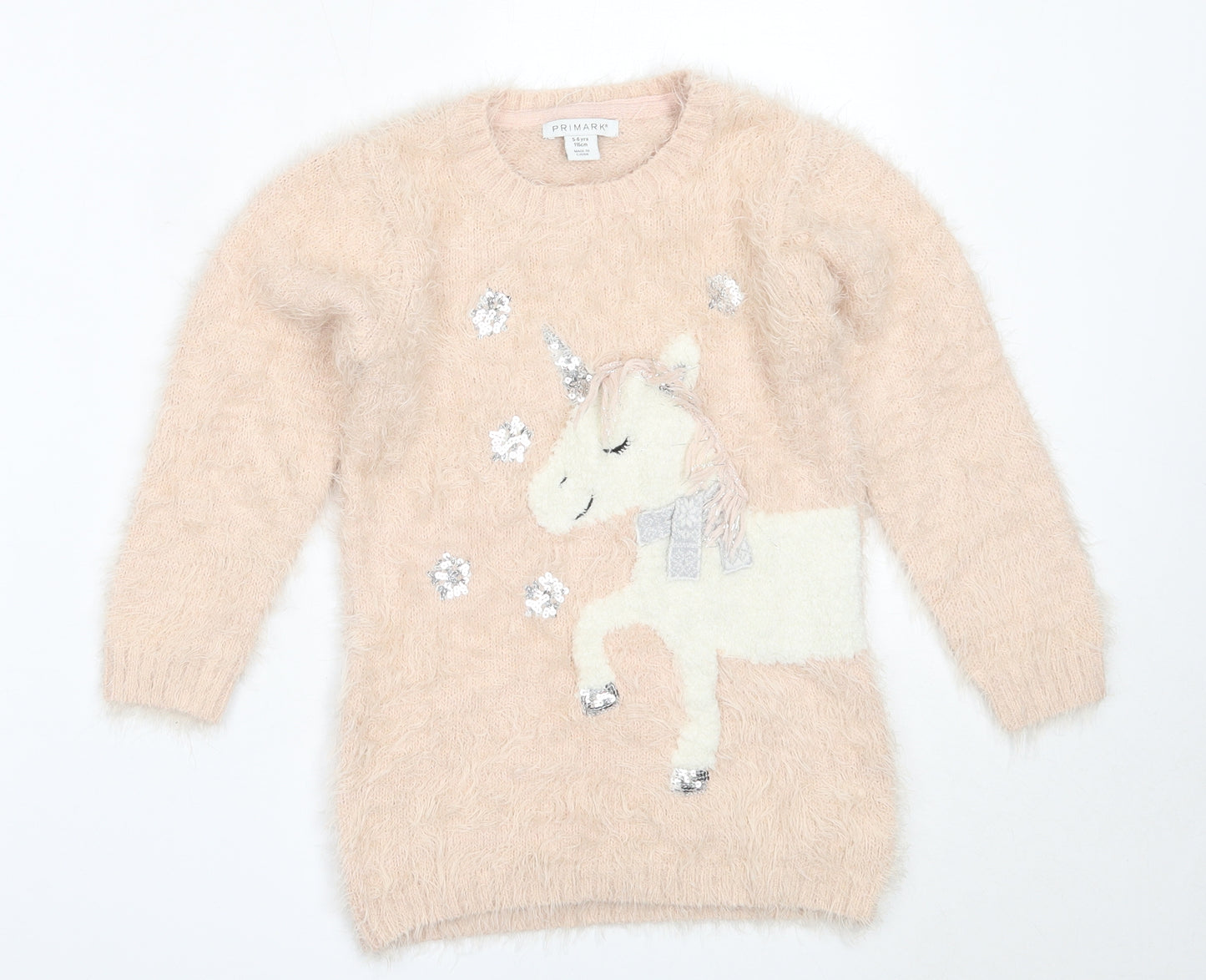 Primark Girls Pink Round Neck  Polyamide Pullover Jumper Size 5-6 Years