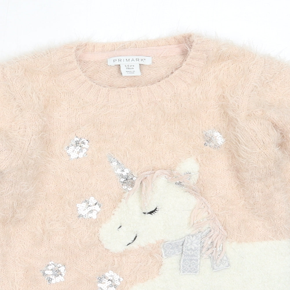 Primark Girls Pink Round Neck  Polyamide Pullover Jumper Size 5-6 Years