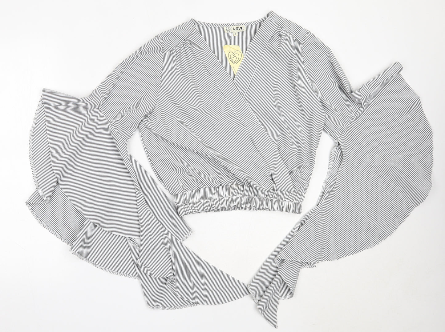 Love Womens Grey Striped Polyester Basic Blouse Size S V-Neck