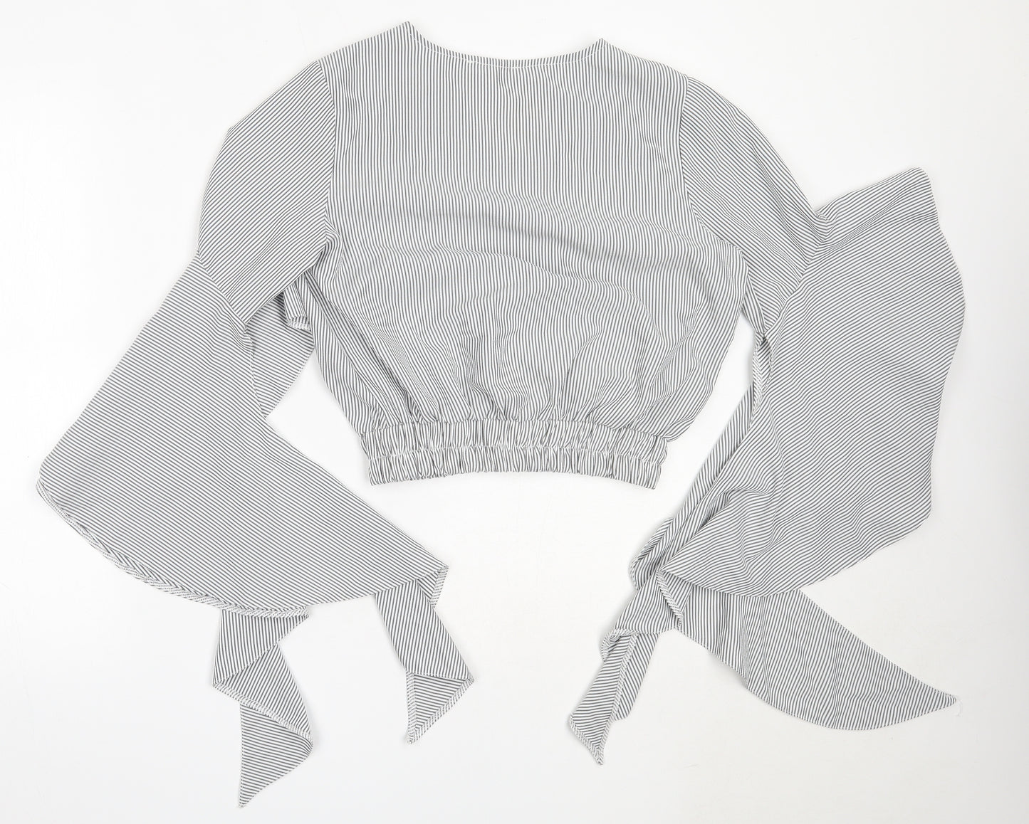 Love Womens Grey Striped Polyester Basic Blouse Size S V-Neck