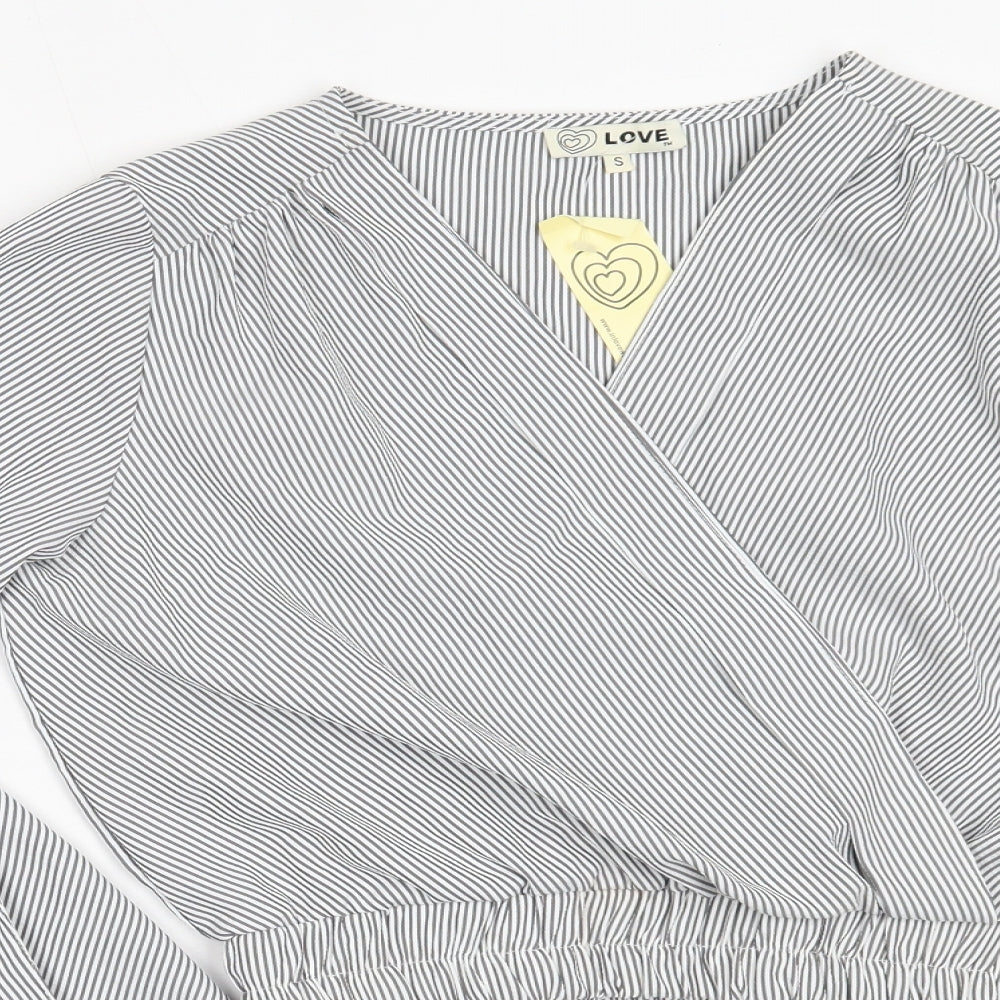 Love Womens Grey Striped Polyester Basic Blouse Size S V-Neck