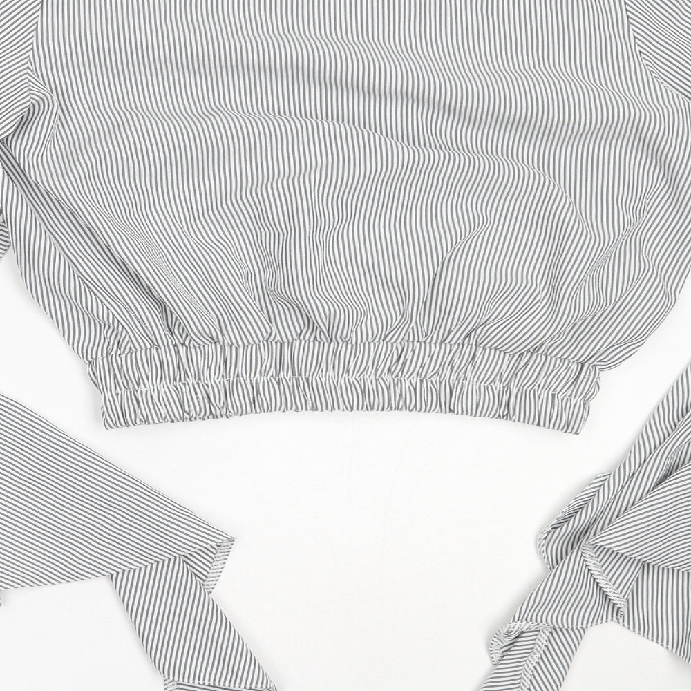 Love Womens Grey Striped Polyester Basic Blouse Size S V-Neck