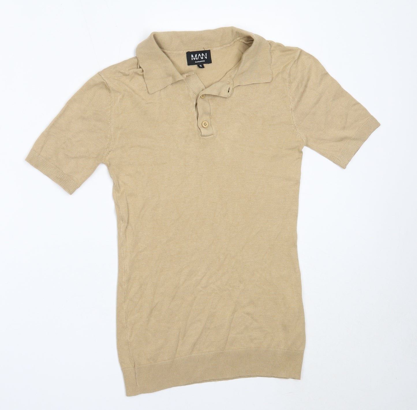 Boohoo Mens Beige  Viscose  Polo Size S Collared