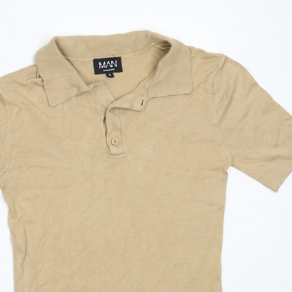 Boohoo Mens Beige  Viscose  Polo Size S Collared