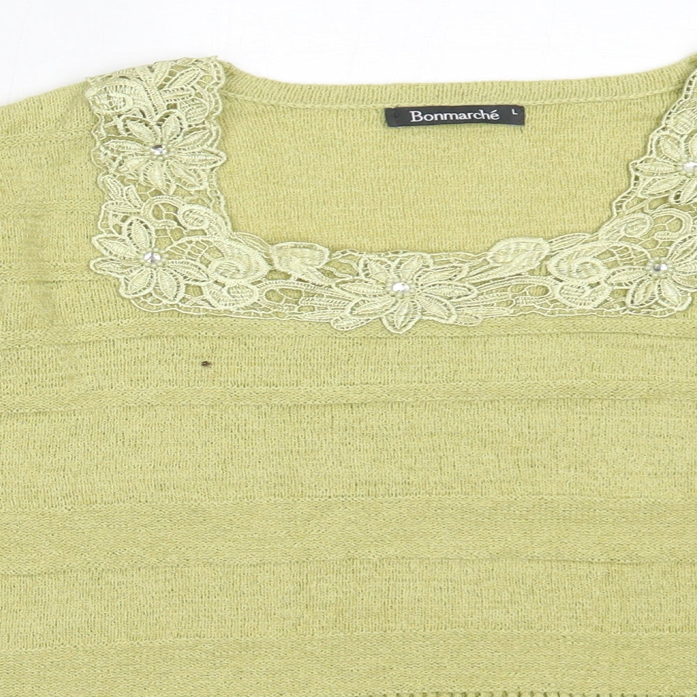 Bonmarché Womens Green Square Neck  Acrylic Pullover Jumper Size L