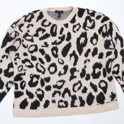 New Look Womens Pink Round Neck Animal Print Acrylic Pullover Jumper Size M