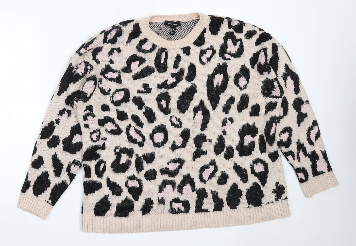 New Look Womens Pink Round Neck Animal Print Acrylic Pullover Jumper Size M