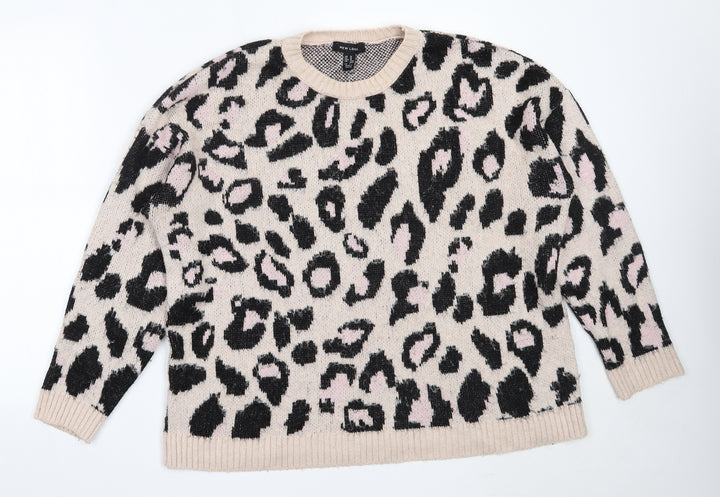 New Look Womens Pink Round Neck Animal Print Acrylic Pullover Jumper Size M