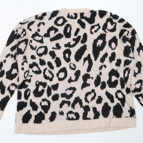 New Look Womens Pink Round Neck Animal Print Acrylic Pullover Jumper Size M