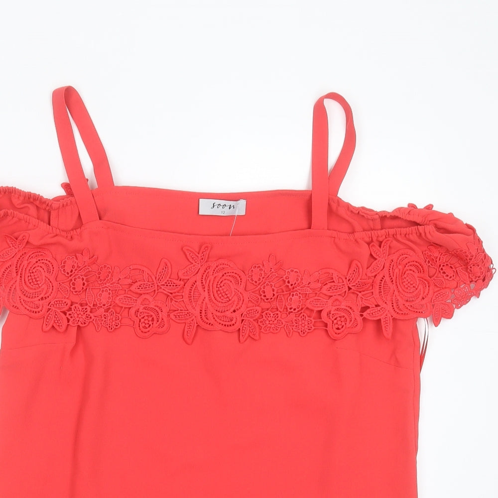 Soon Womens Red Floral Polyester Basic Blouse Size 12 Off the Shoulder