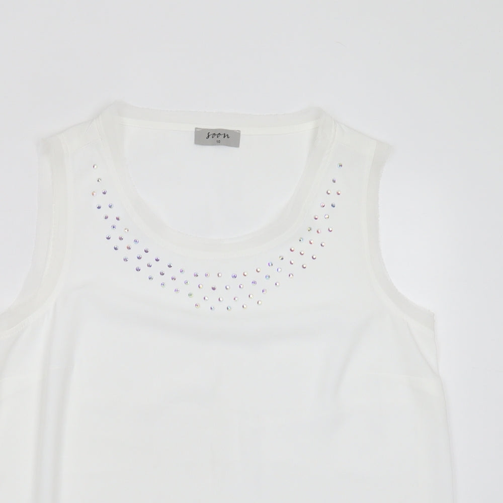 Soon Womens White  Polyester Basic Blouse Size 10 Round Neck - studded