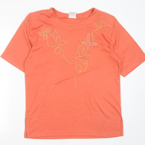 Poppy Womens Orange Floral Polyester Basic T-Shirt Size L Round Neck - Embroidered detail