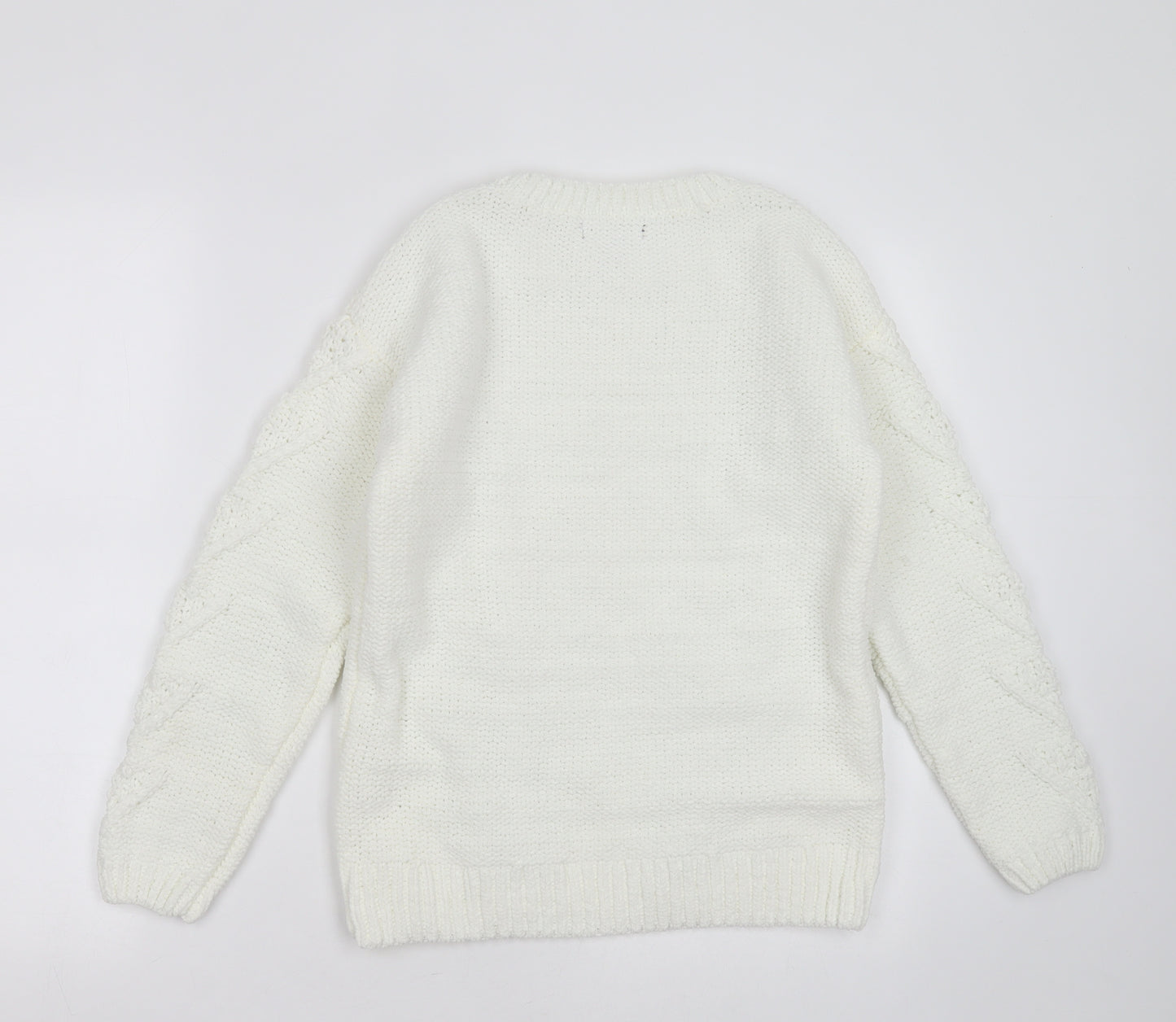 Primark Womens White Round Neck Geometric Polyester Pullover Jumper Size 2XS