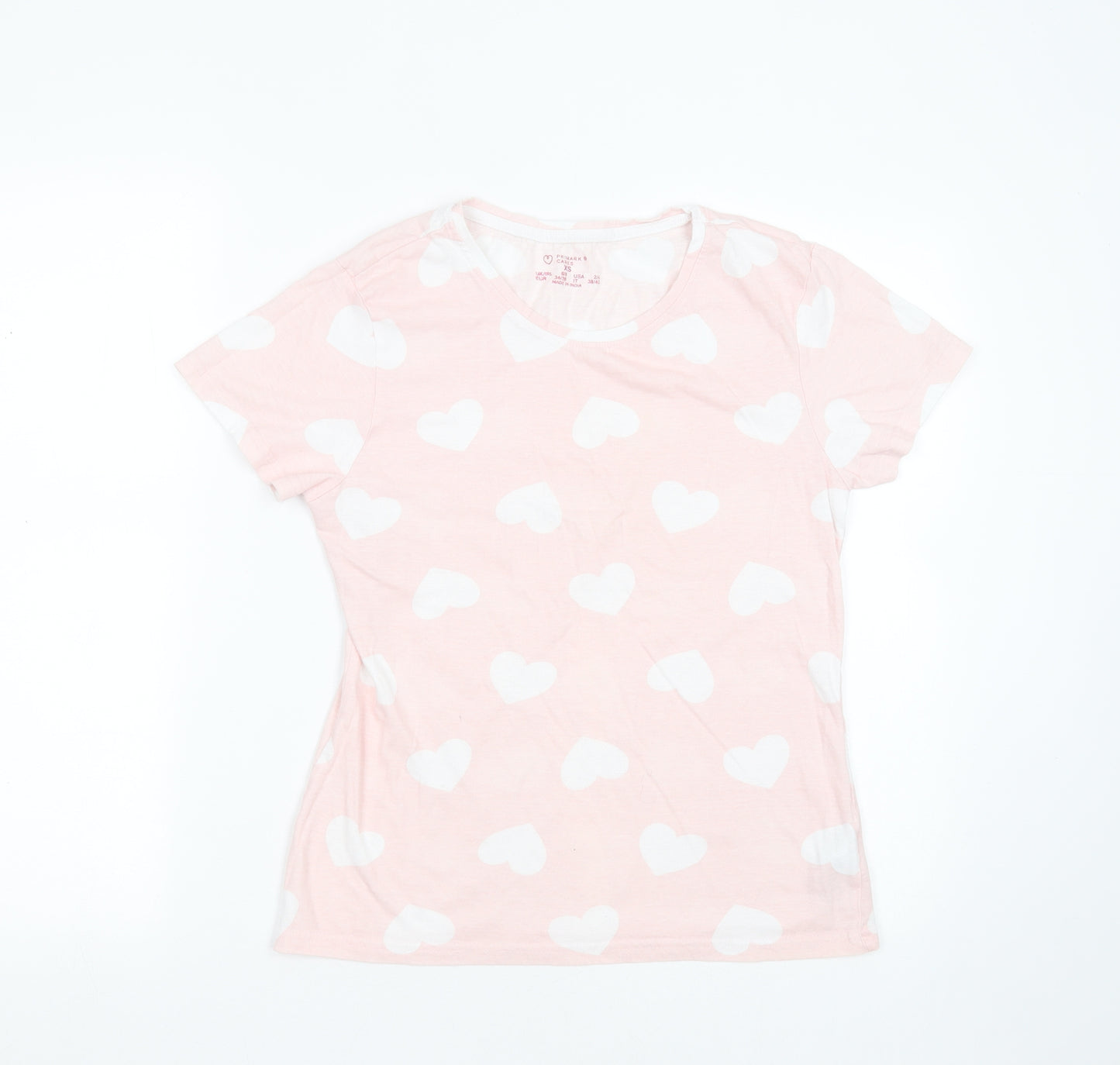 Primark Womens Pink  Cotton Basic T-Shirt Size 6 Round Neck - Heart pattern