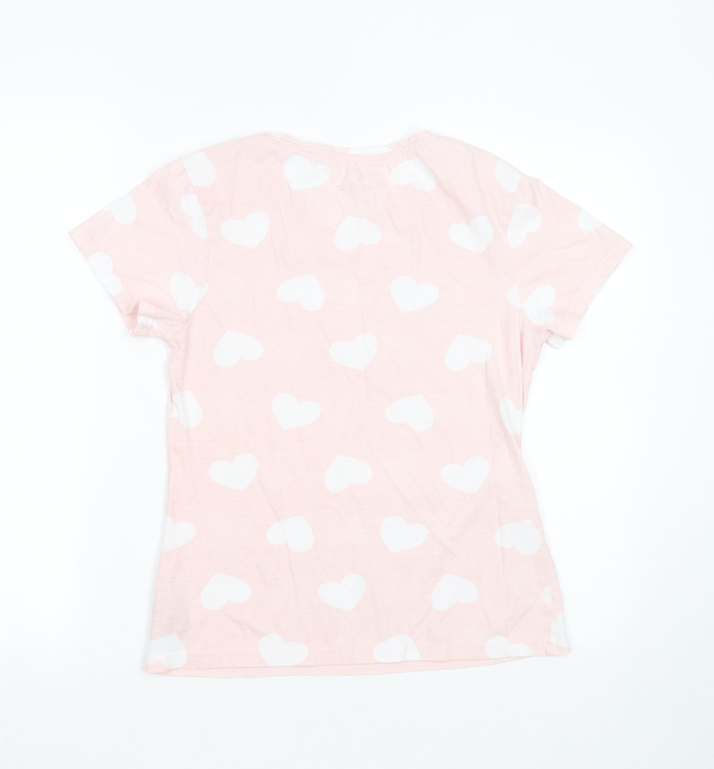 Primark Womens Pink  Cotton Basic T-Shirt Size 6 Round Neck - Heart pattern