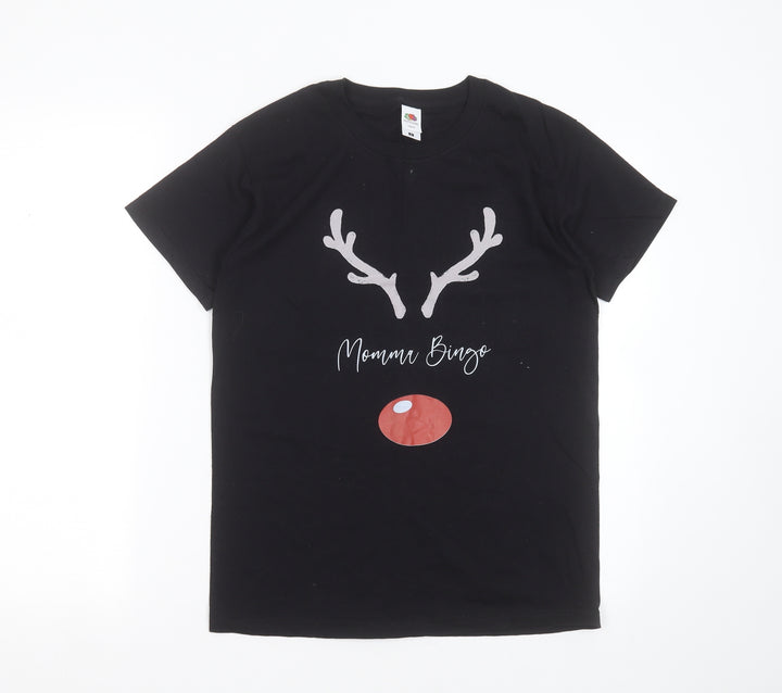 Fruit of the Loom Womens Black  Cotton Basic T-Shirt Size S Round Neck - momma bingo, reindeer