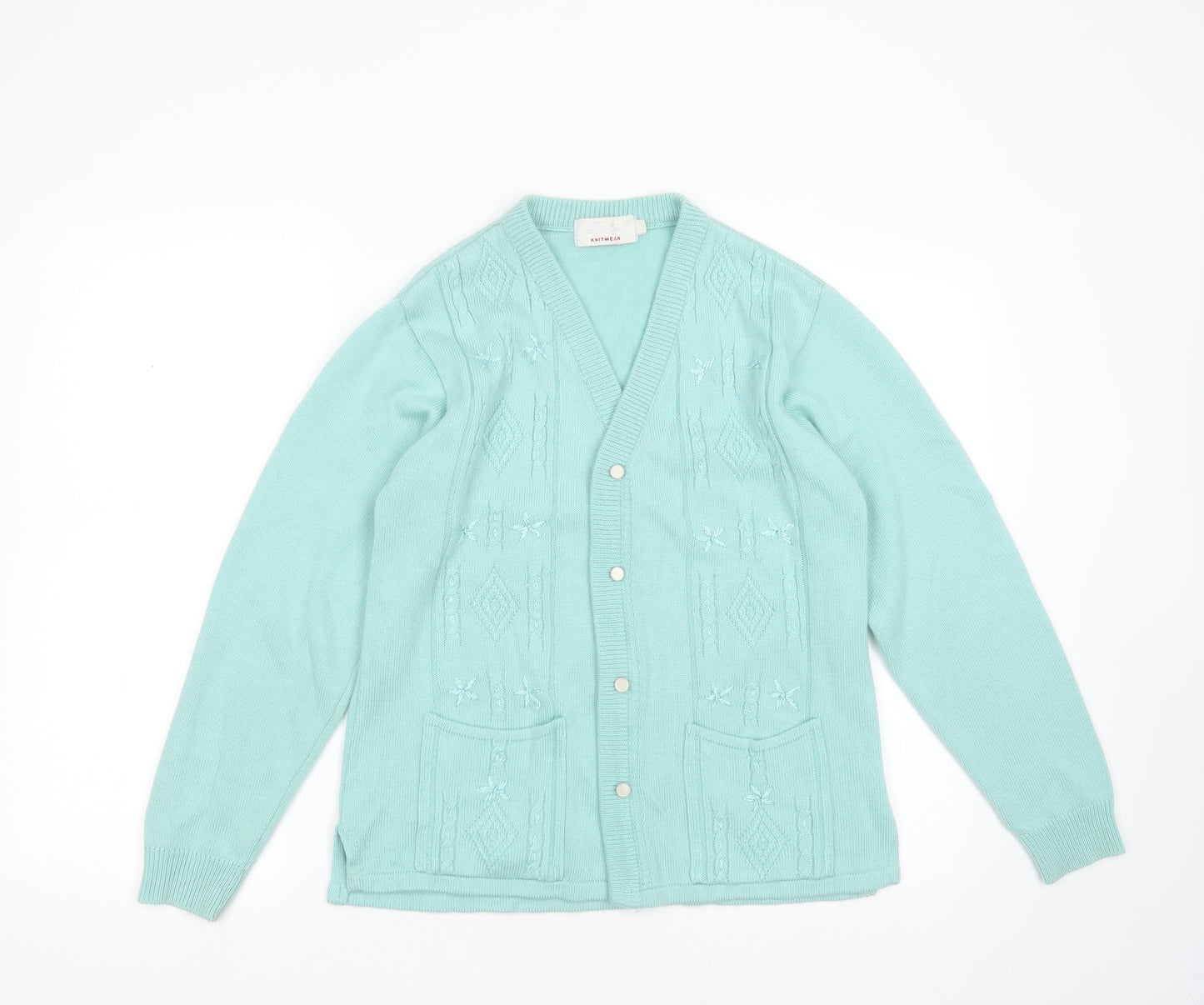 reflect knitwear Womens Green V-Neck Geometric Acrylic Cardigan Jumper Size S