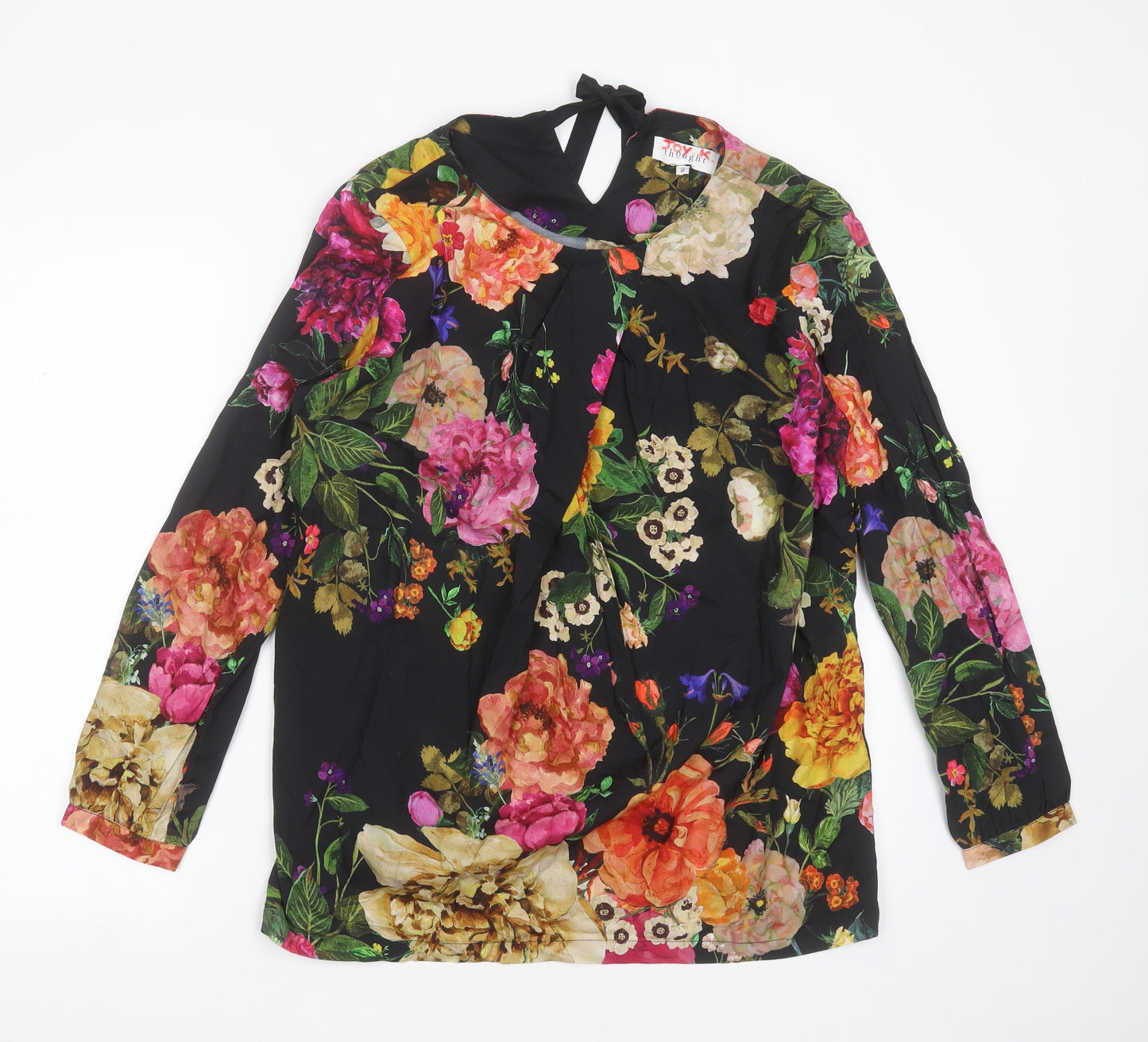Thought Womens Black Floral Cotton Basic Blouse Size 12 Round Neck