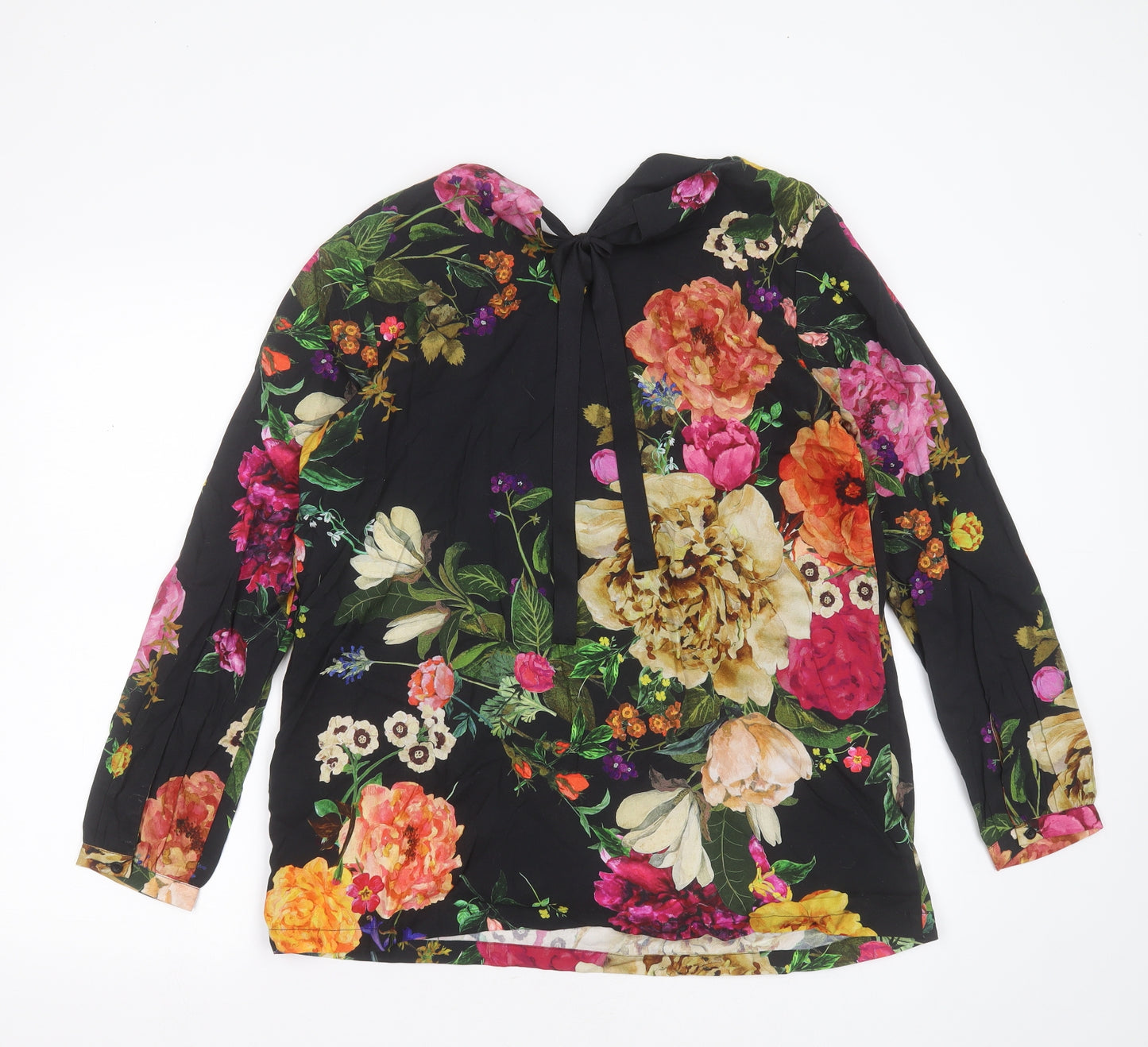 Thought Womens Black Floral Cotton Basic Blouse Size 12 Round Neck