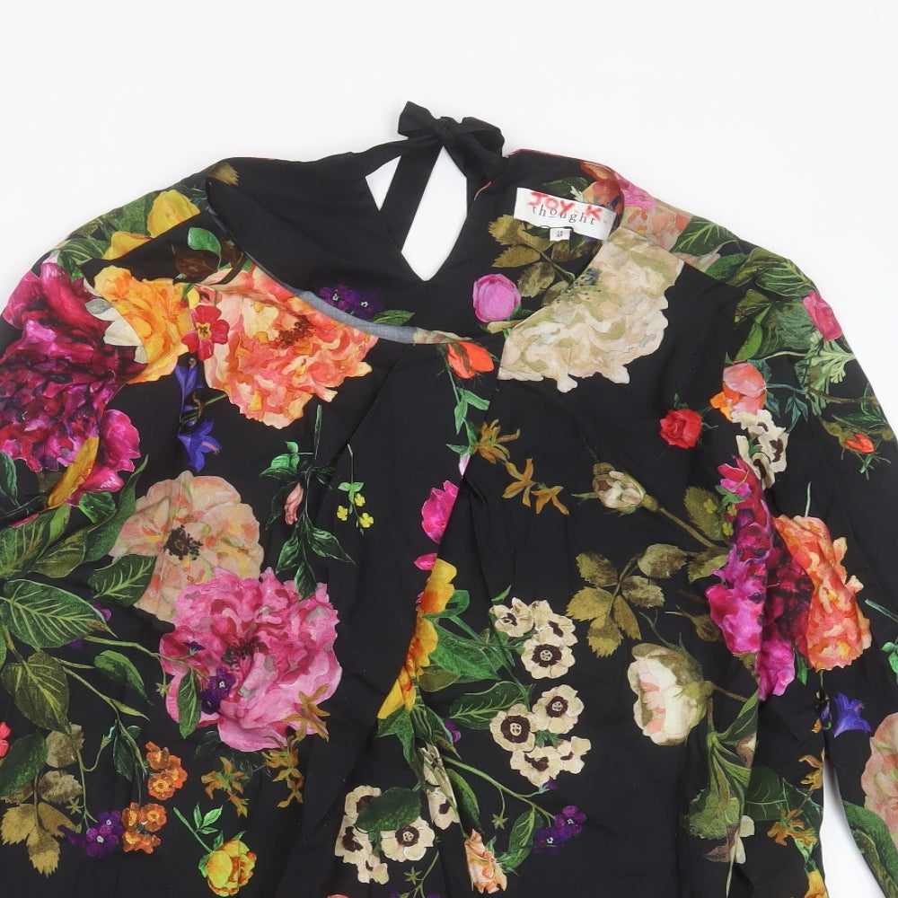 Thought Womens Black Floral Cotton Basic Blouse Size 12 Round Neck