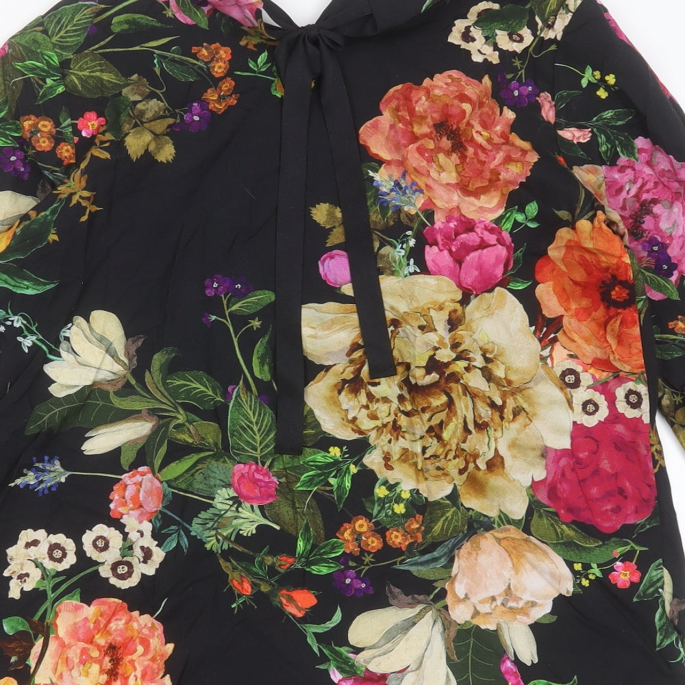 Thought Womens Black Floral Cotton Basic Blouse Size 12 Round Neck