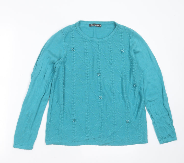 Bonmarché Womens Blue Round Neck Geometric Acrylic Pullover Jumper Size S   - beaded