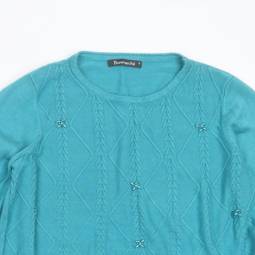 Bonmarché Womens Blue Round Neck Geometric Acrylic Pullover Jumper Size S   - beaded