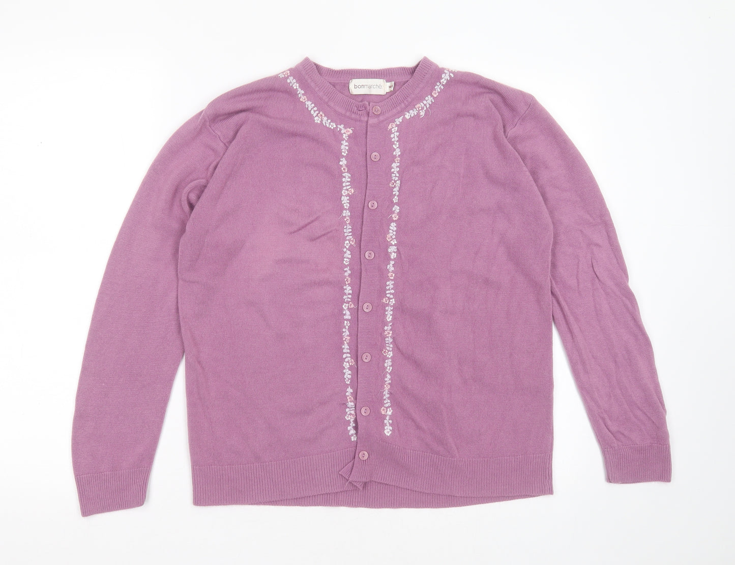 Bonmarché Womens Purple Round Neck  Acrylic Cardigan Jumper Size M   - Floral embroidery