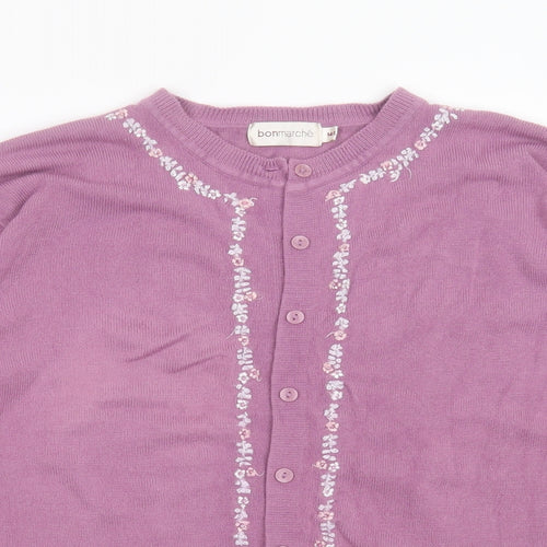 Bonmarché Womens Purple Round Neck  Acrylic Cardigan Jumper Size M   - Floral embroidery