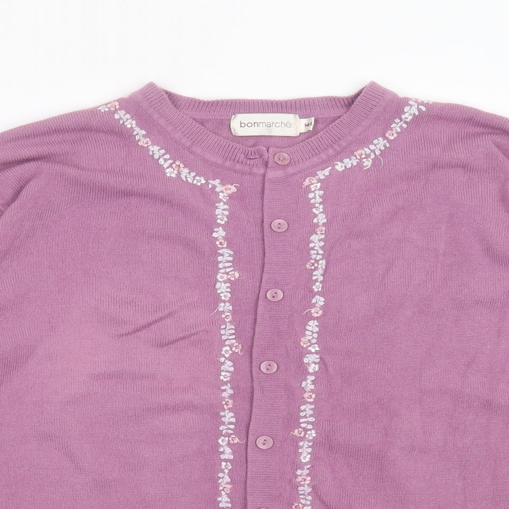 Bonmarché Womens Purple Round Neck  Acrylic Cardigan Jumper Size M   - Floral embroidery