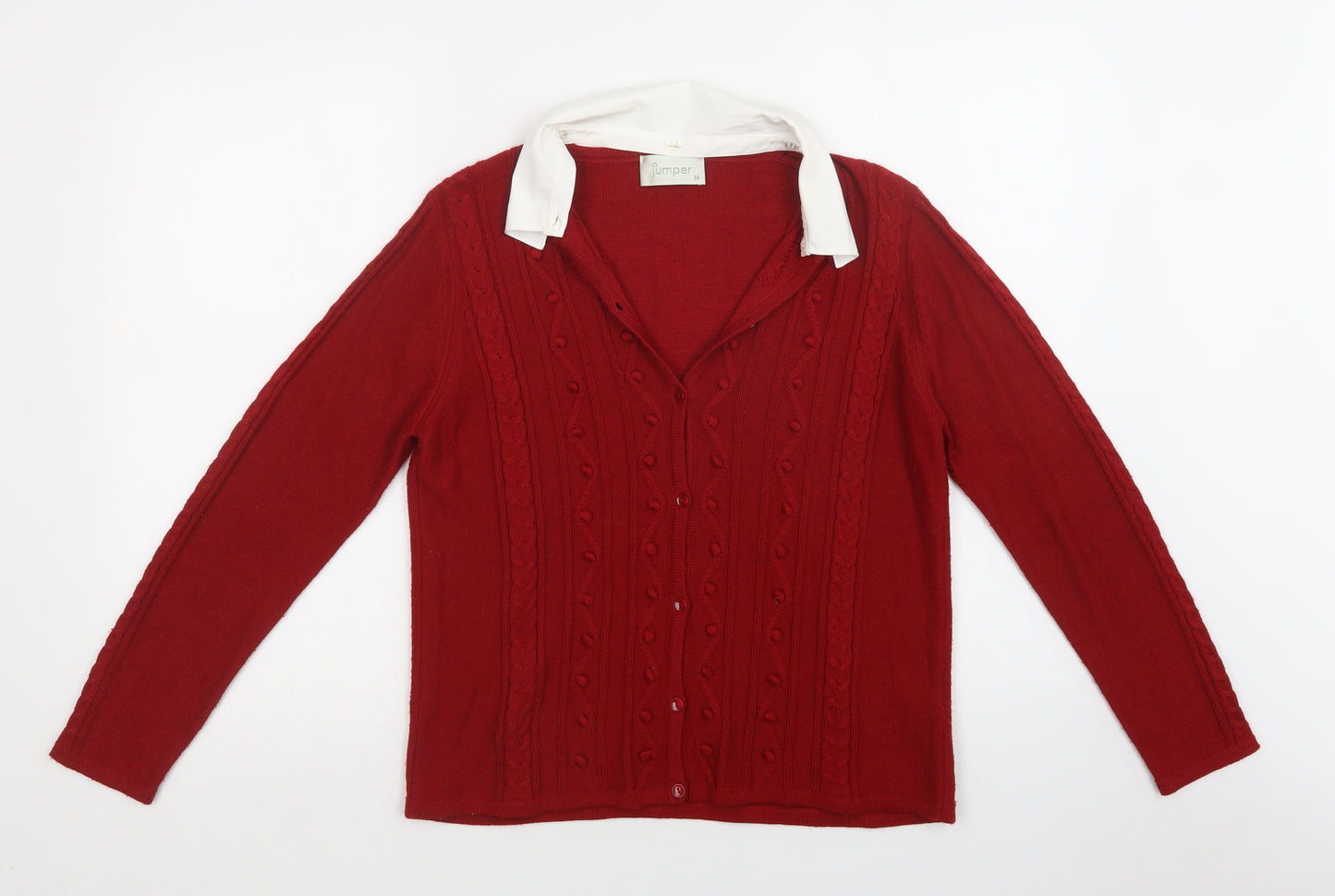 Jumper Womens Red Collared  Acrylic Cardigan Jumper Size M