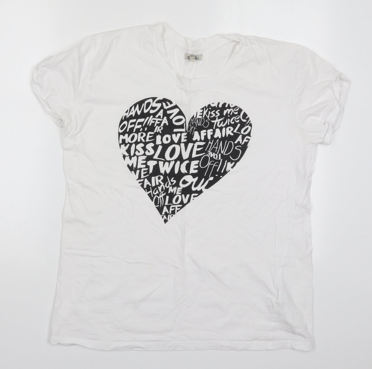 Zara Womens White  Cotton Basic T-Shirt Size L Crew Neck - Love Heart