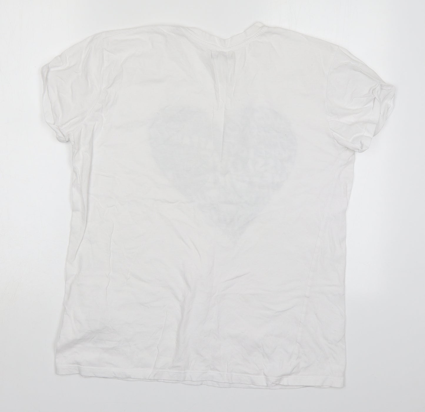 Zara Womens White  Cotton Basic T-Shirt Size L Crew Neck - Love Heart