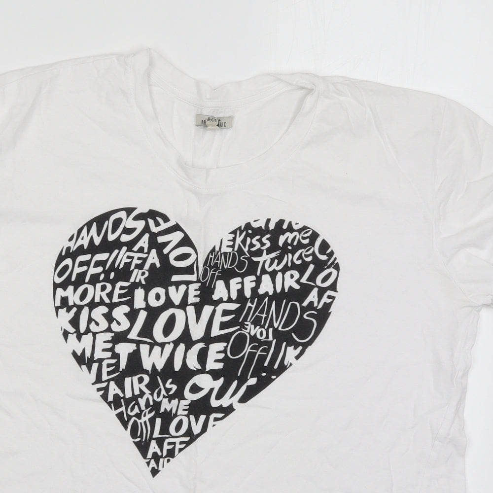 Zara Womens White  Cotton Basic T-Shirt Size L Crew Neck - Love Heart