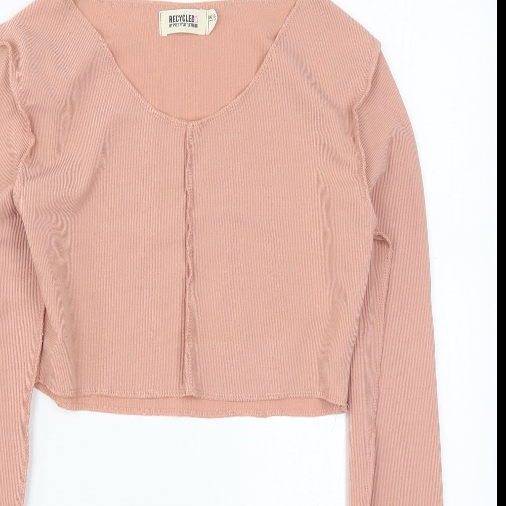 PRETTYLITTLETHING Womens Pink  Polyester Cropped T-Shirt Size 10 V-Neck