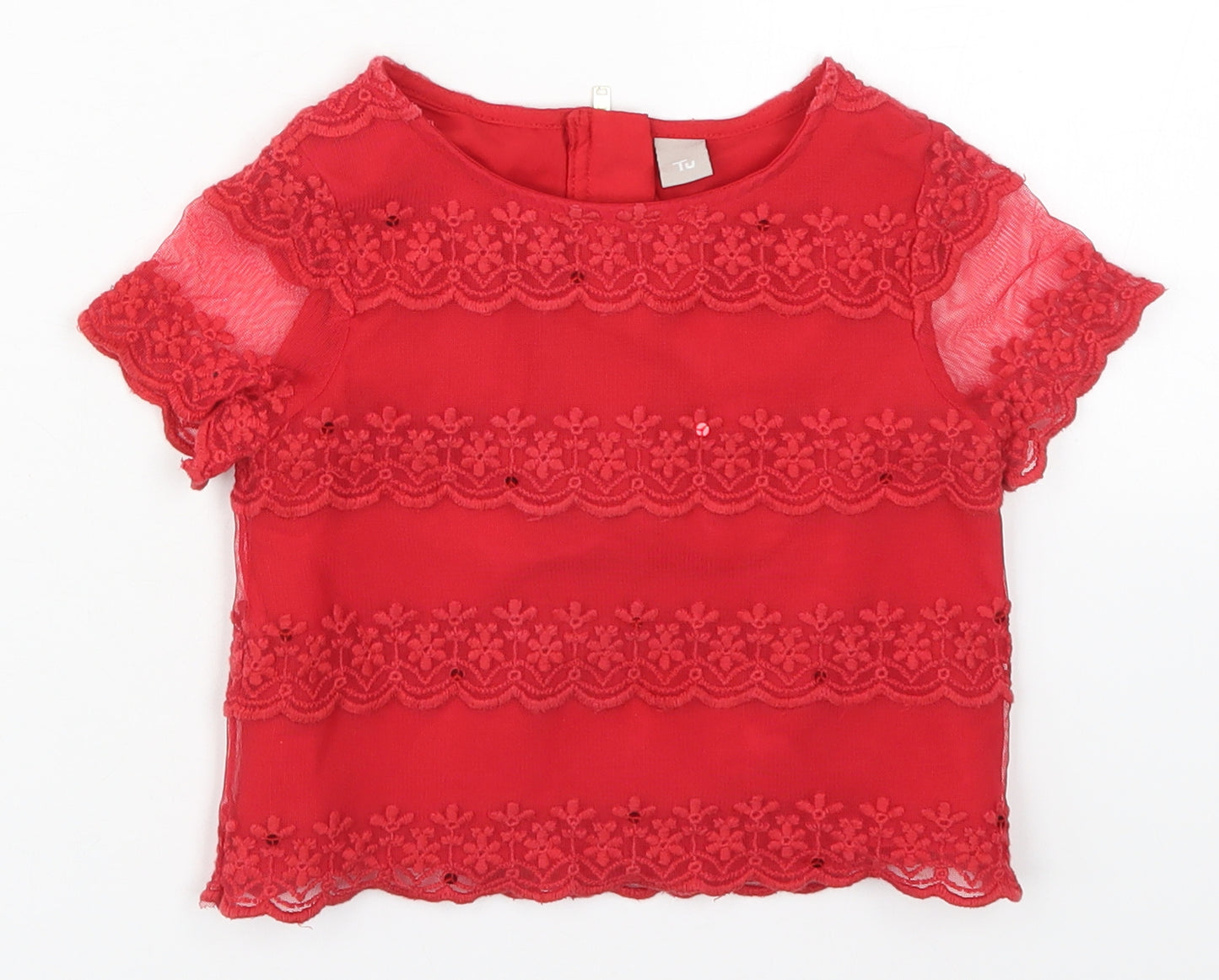 TU Girls Red  Nylon Basic Blouse Size 5 Years Round Neck Zip