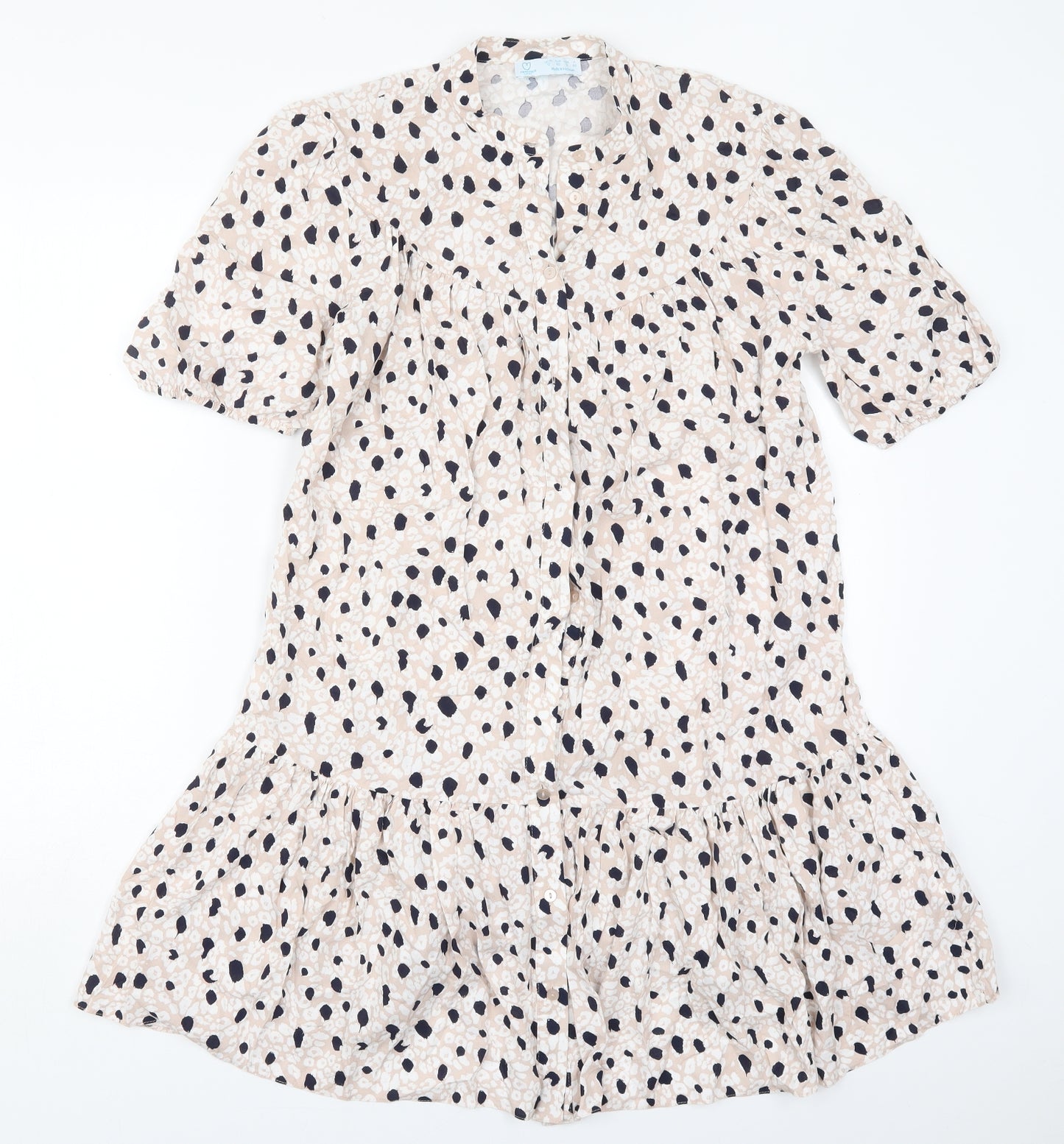 Primark Womens Beige Animal Print Viscose A-Line  Size 12  Round Neck Button