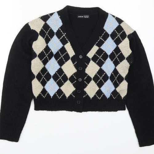 SheIn Womens Multicoloured V-Neck Argyle/Diamond Acrylic Cardigan Jumper Size M