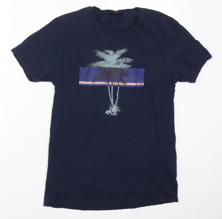 LCW Casual Mens Blue Cotton T-Shirt Size M Crew Neck - Palm Tree