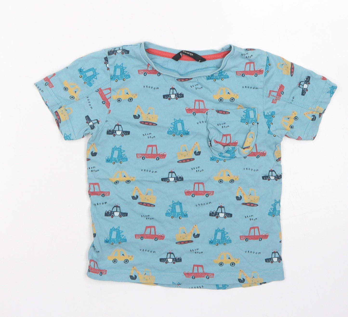 George Boys Blue  Cotton Basic T-Shirt Size 3-4 Years Crew Neck  - Car Print