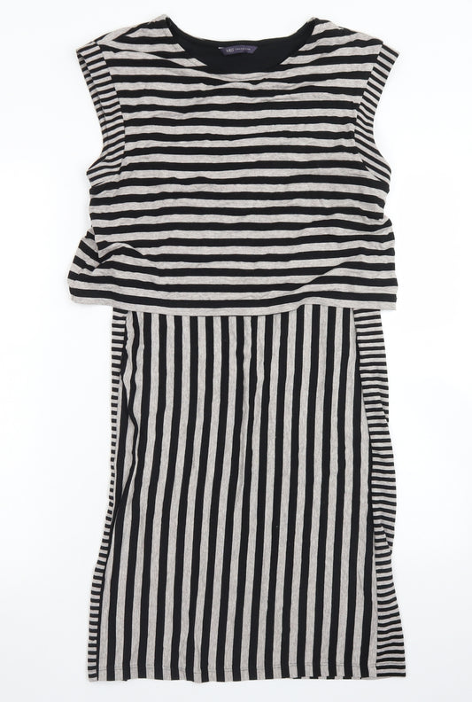 Front view of Marks & Spencer women’s grey striped viscose skater dress, size UK 12, crew neck