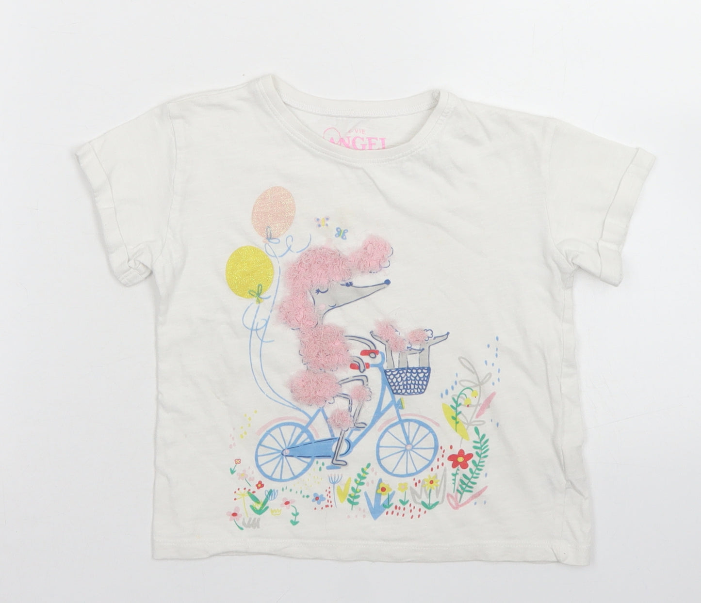 E-vie Angel Girls White  Cotton Basic T-Shirt Size 3-4 Years Crew Neck  - Poodle
