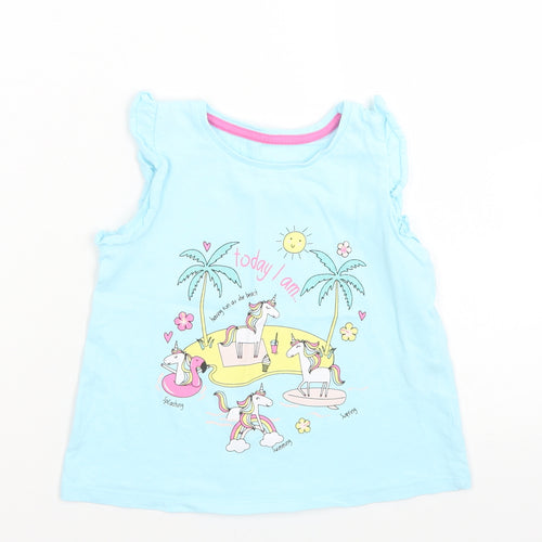Matalan Girls Blue  Cotton Basic T-Shirt Size 3-4 Years Crew Neck  - Unicorn Beach