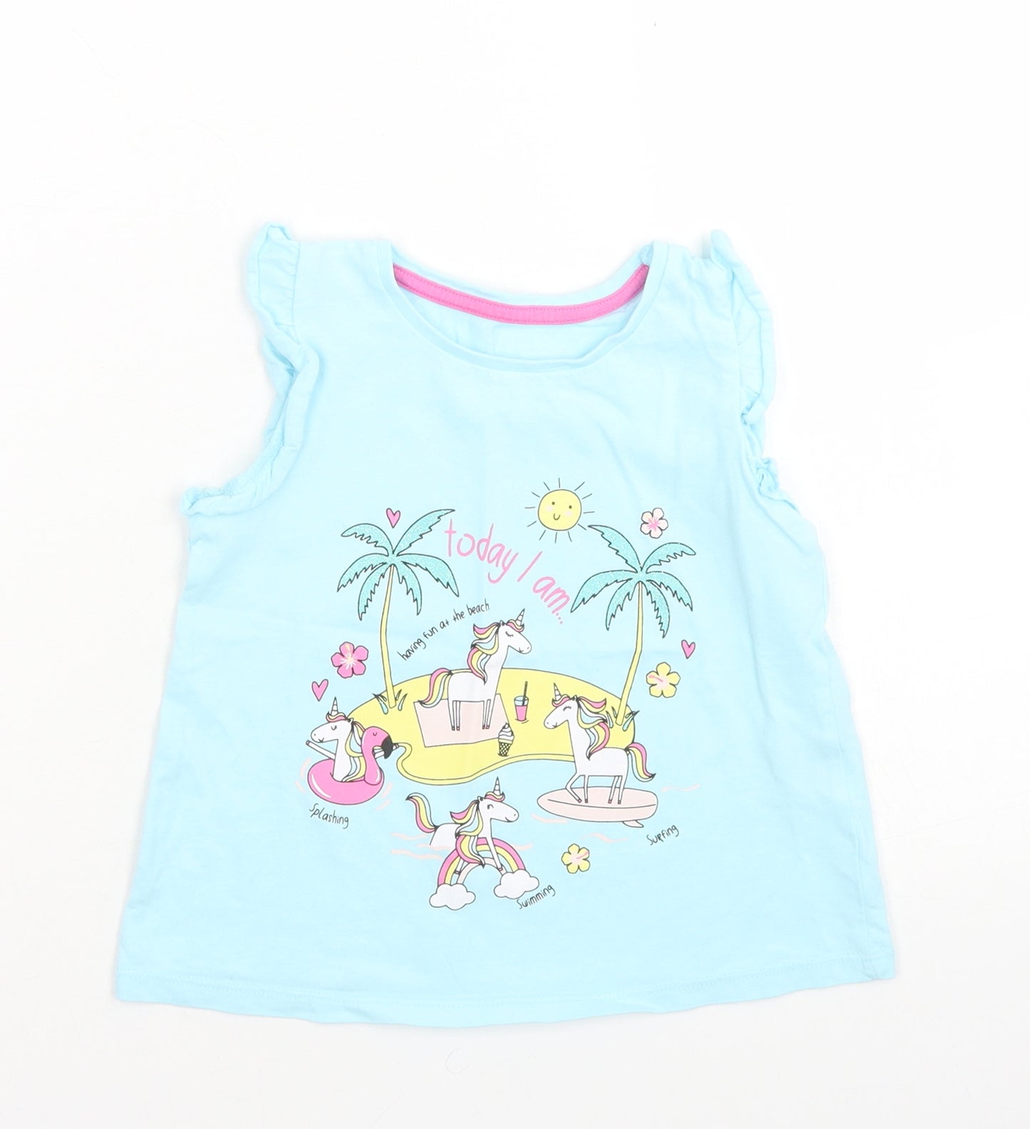 Matalan Girls Blue  Cotton Basic T-Shirt Size 3-4 Years Crew Neck  - Unicorn Beach